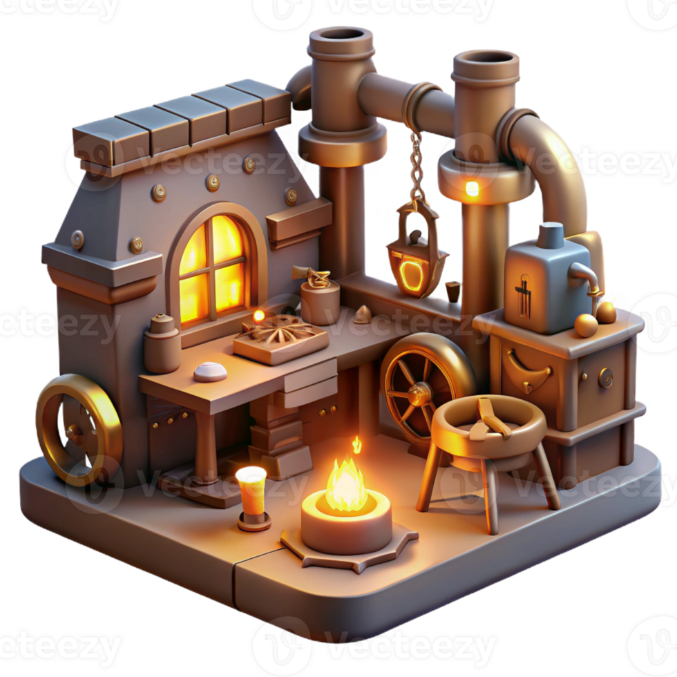 dramatic classic A steampunk workshop filled with tools, gadgets, and half-finished inventions, illuminated by the warm glow of lamps and the flickering light of a forge 4K png
