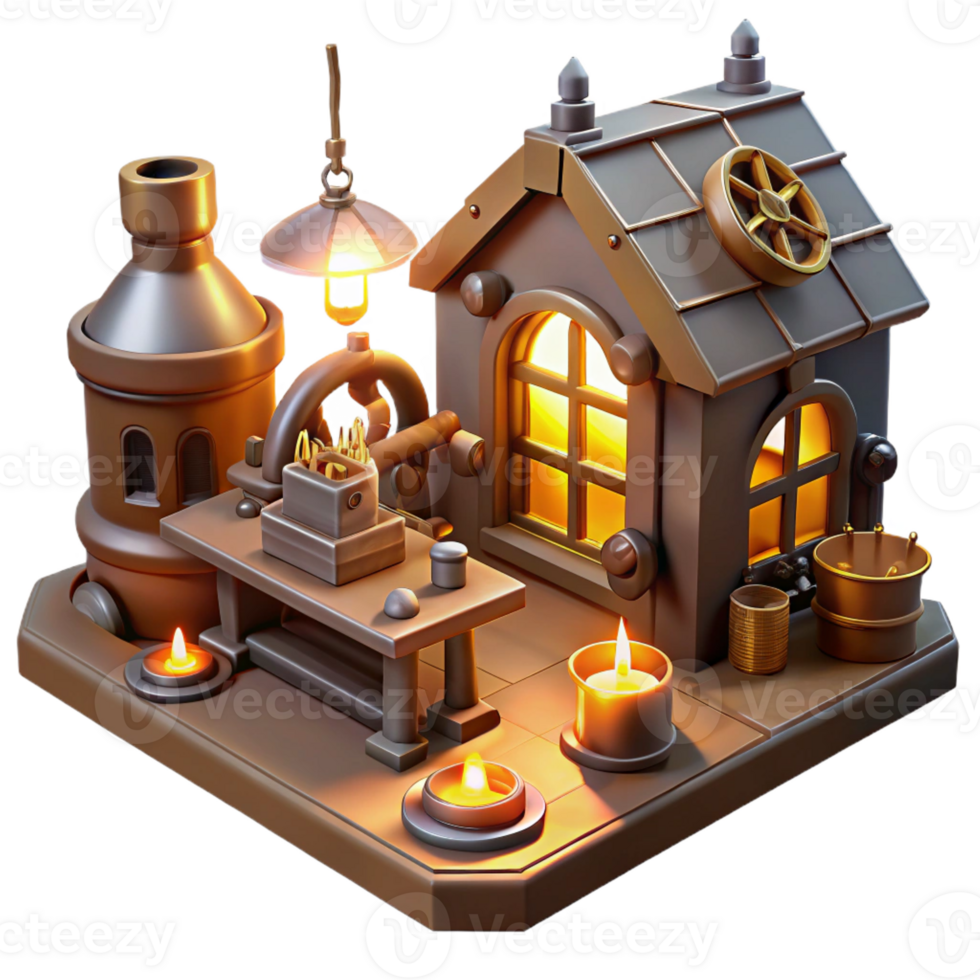 extraordinary contemporary A steampunk workshop filled with tools, gadgets, and half-finished inventions, illuminated by the warm glow of lamps and the flickering light of a forge detailed png