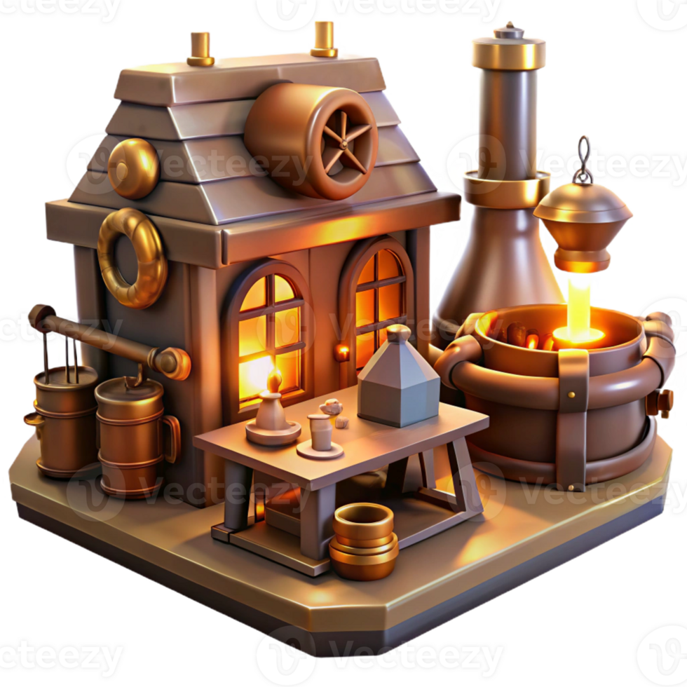 impressive artistic A steampunk workshop filled with tools, gadgets, and half-finished inventions, illuminated by the warm glow of lamps and the flickering light of a forge original png