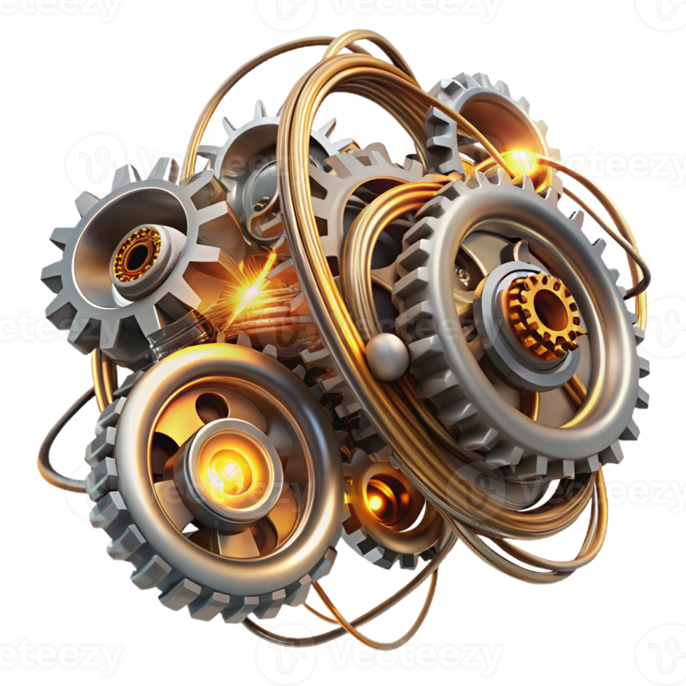 serene artistic A chaotic jumble of metallic gears and cogs, intertwined with glowing wires, in a steampunk style with dramatic lighting professional png