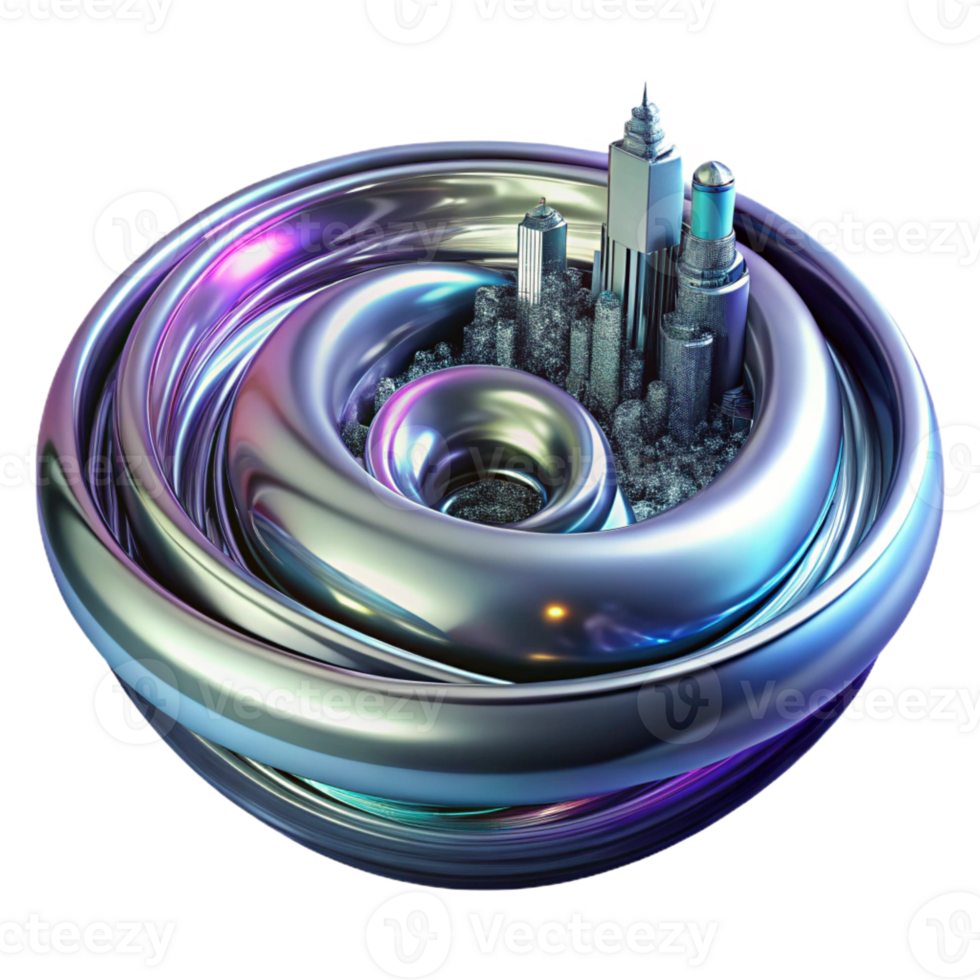 serene traditional A swirling vortex of liquid chrome, reflecting distorted images of a futuristic cityscape, under neon lighting with a cyberpunk aesthetic high quality png