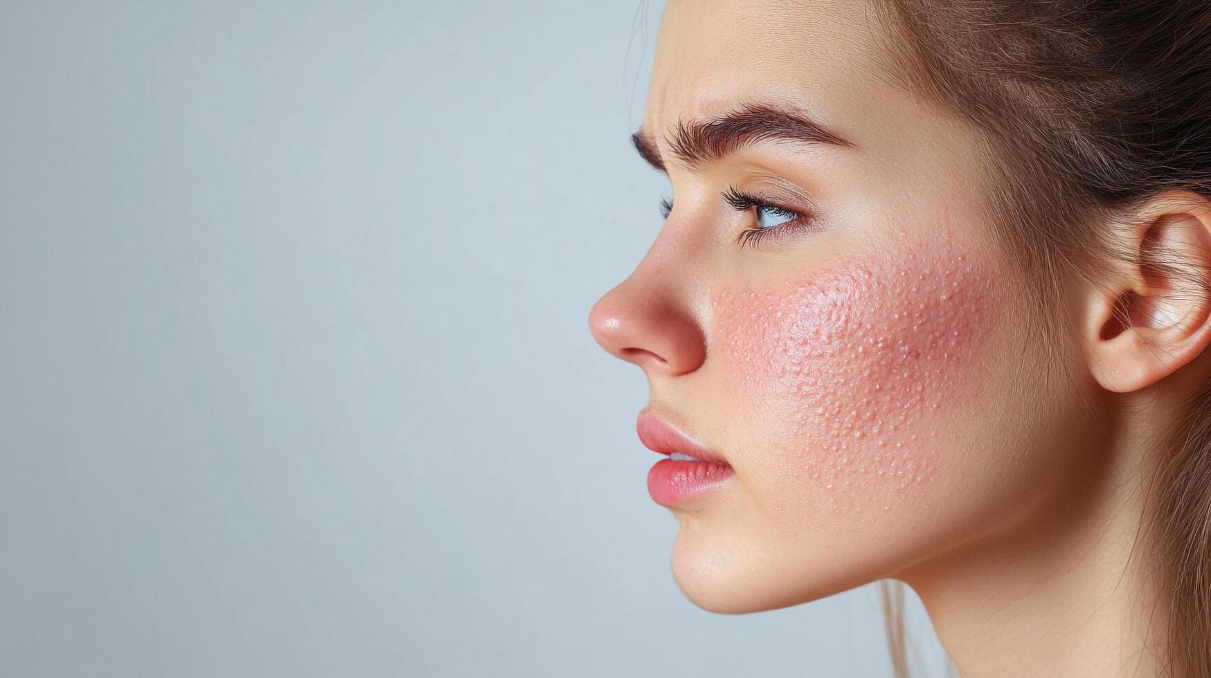 Close-up of a fair-skinned woman's face with skin irritation, highlighting sensitivity and dermatological concerns. side profile on neutral backdrop. photo