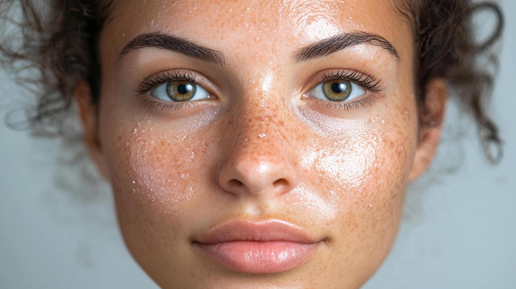 Close-up of a woman's face, showcasing her radiant, hydrated complexion and natural freckles with a subtle glow. photo