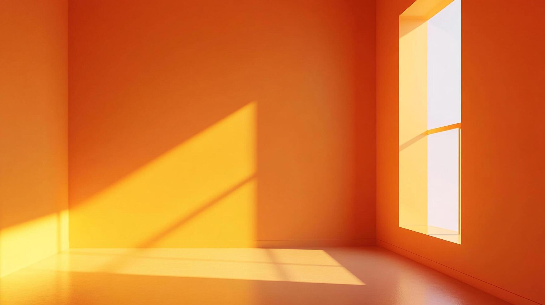 Warm Sunlight Illuminates an Empty Orange Room Through a Window, Casting Striking Shadows and Creating a Minimalist Aesthetic. photo