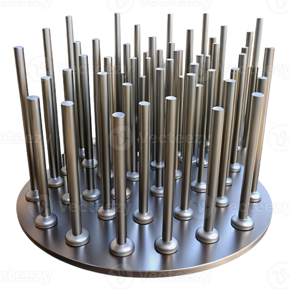 extraordinary modern A field of tall, slender, metal rods, vibrating at different frequencies, visualized as blurred lines, under a dim, industrial light genuine png