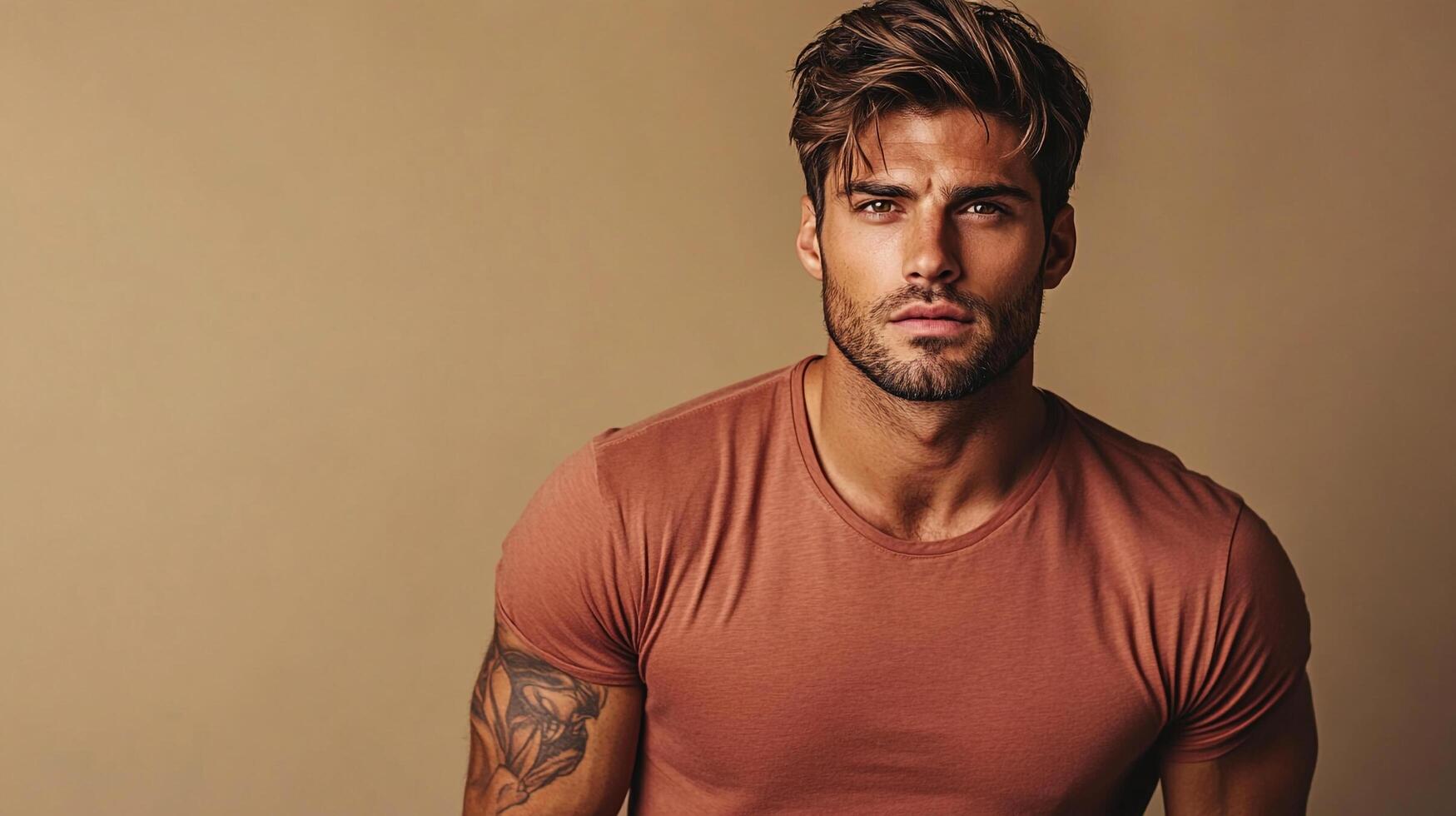 Portrait of a handsome man with a confident gaze, sporting a casual tee and subtle stubble against a neutral backdrop. photo