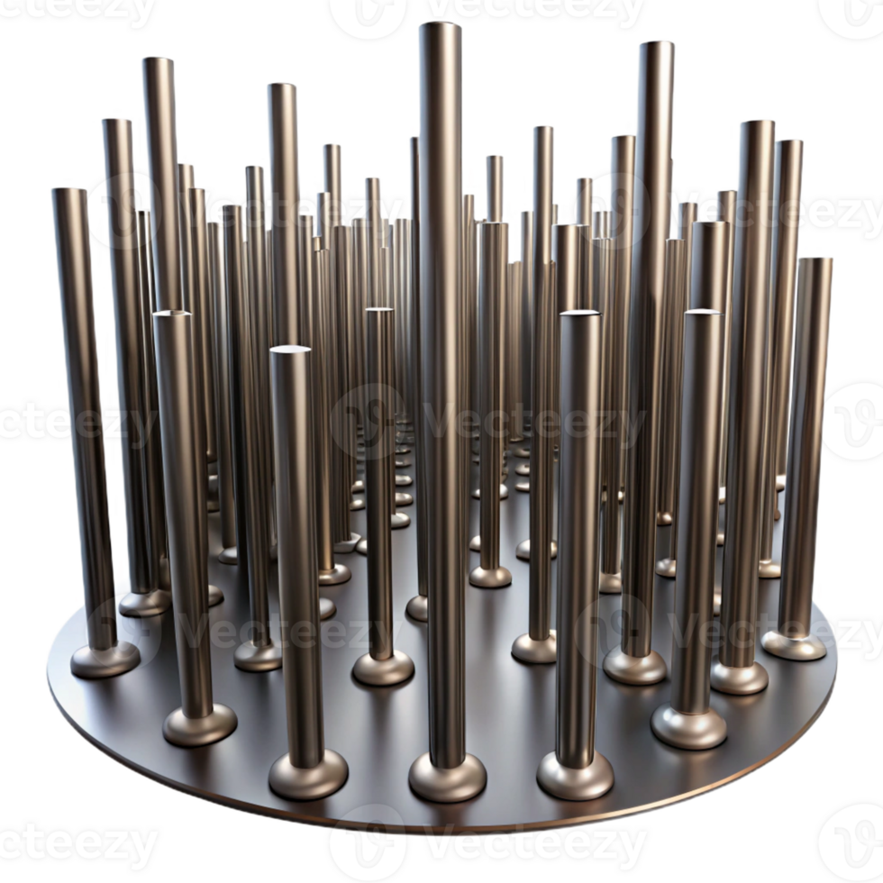 beautiful classic A field of tall, slender, metal rods, vibrating at different frequencies, visualized as blurred lines, under a dim, industrial light premium png