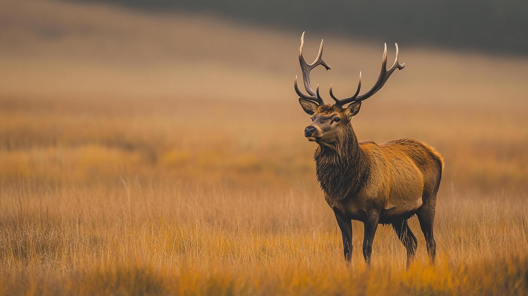 A majestic deer with impressive antlers stands tall in a golden field, its presence commanding attention in the serene landscape. photo