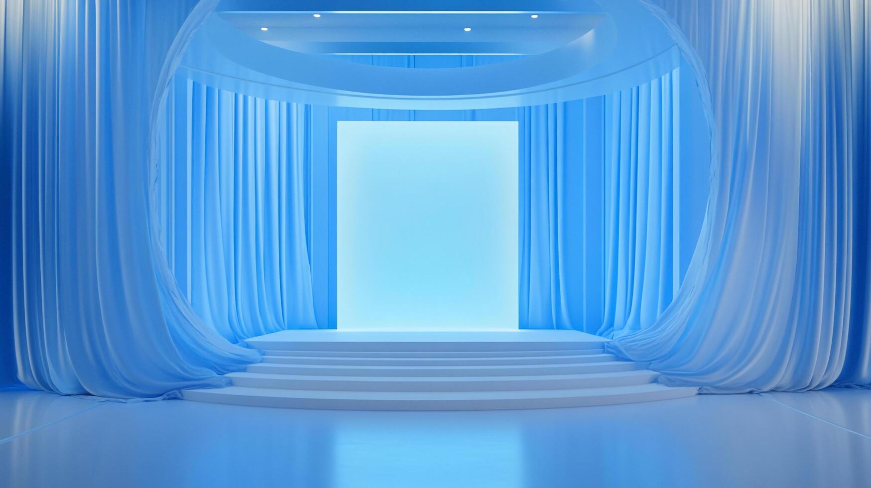 A serene and softly lit stage is framed by delicate blue curtains, creating a calming and inviting space for presentations or performances. photo