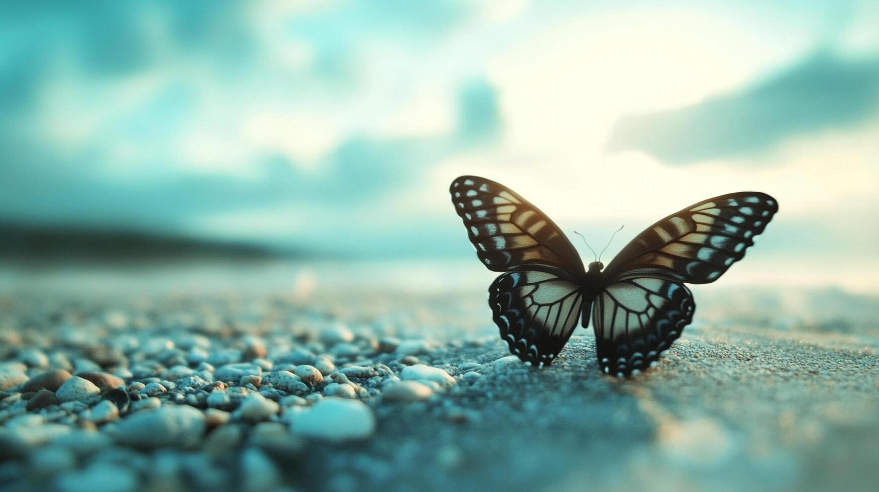 A butterfly is the beauty of the nature and stands peacefully on a sandy beach enjoying the ocean view on a cloudy day. photo