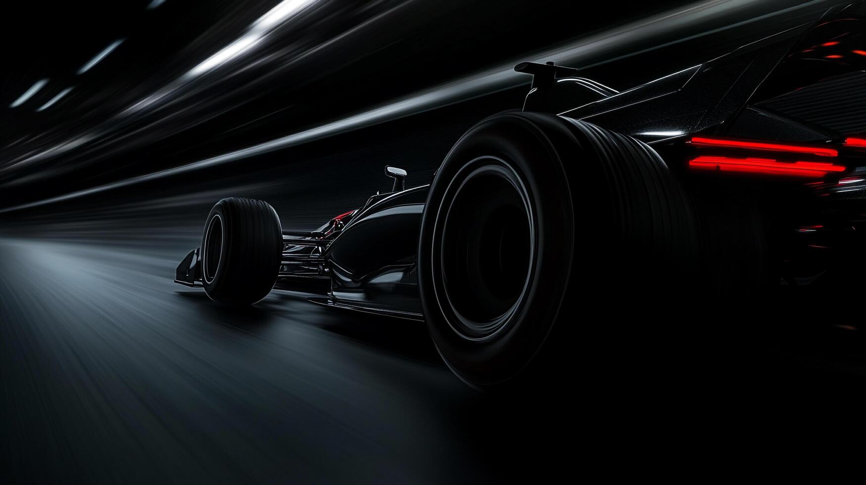 Sleek race car speeding through the night, blurring into streaks of light and motion. Black and red accents add to the thrill. photo