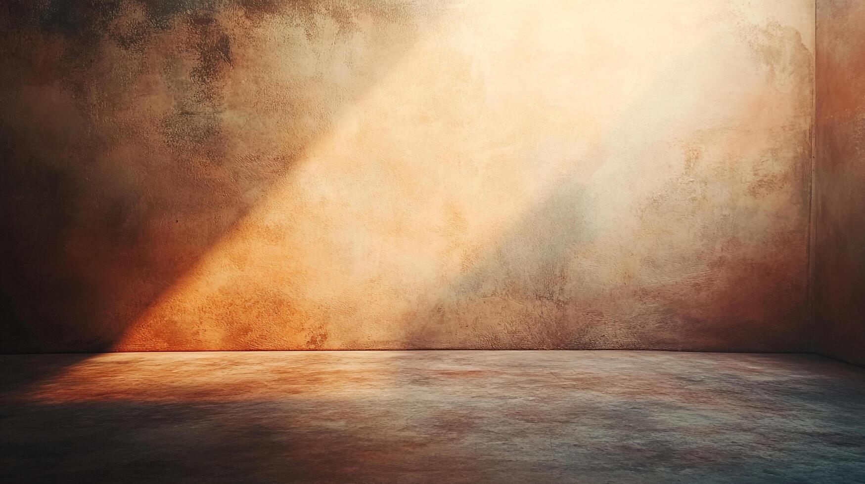A beam of light shines diagonally across a weathered wall and floor, casting dramatic shadows and highlighting the textured surfaces. photo