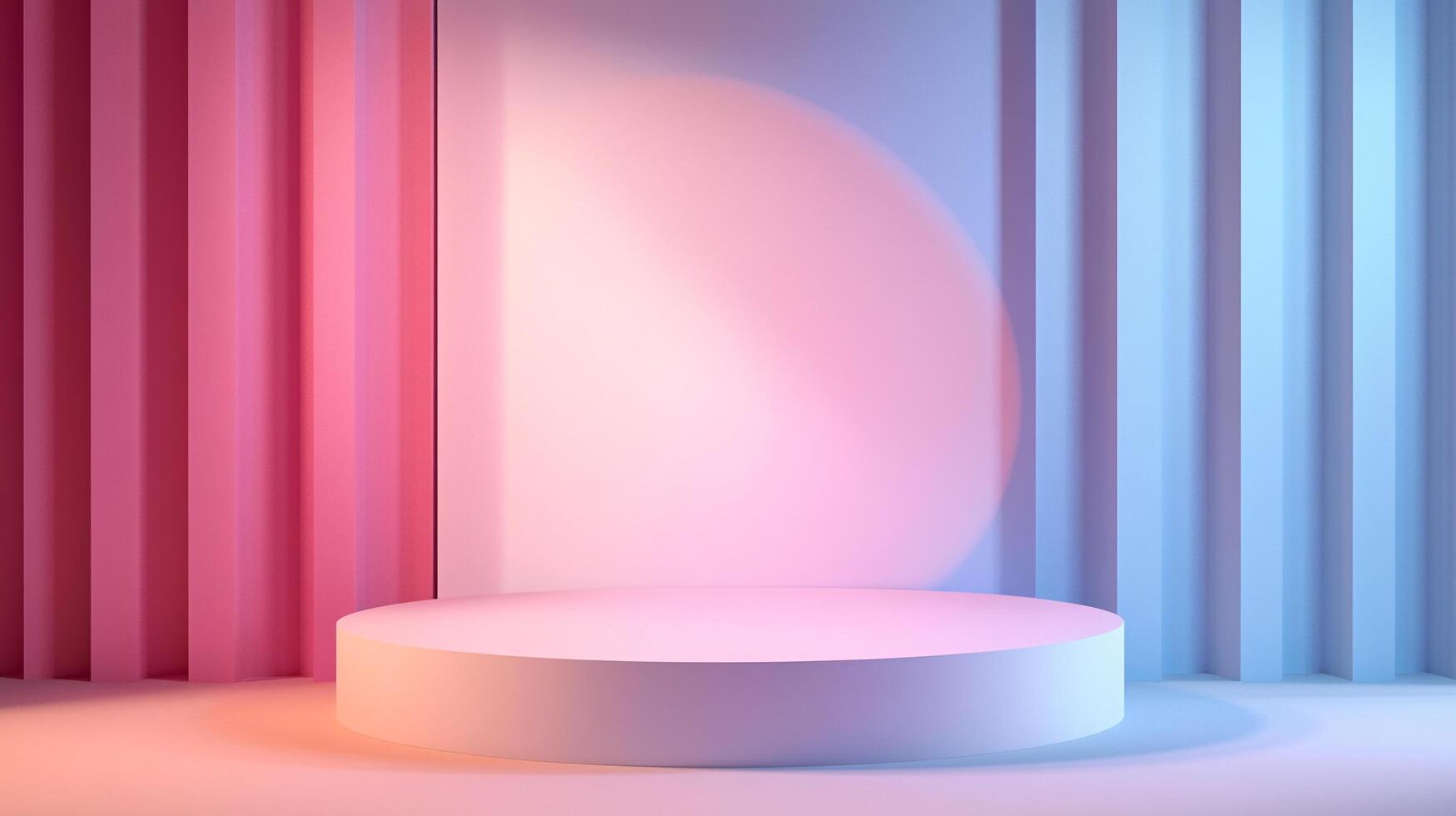 Minimalist product stage showcasing a round platform illuminated with pink and blue gradient lighting against a backdrop of vertical stripes. photo