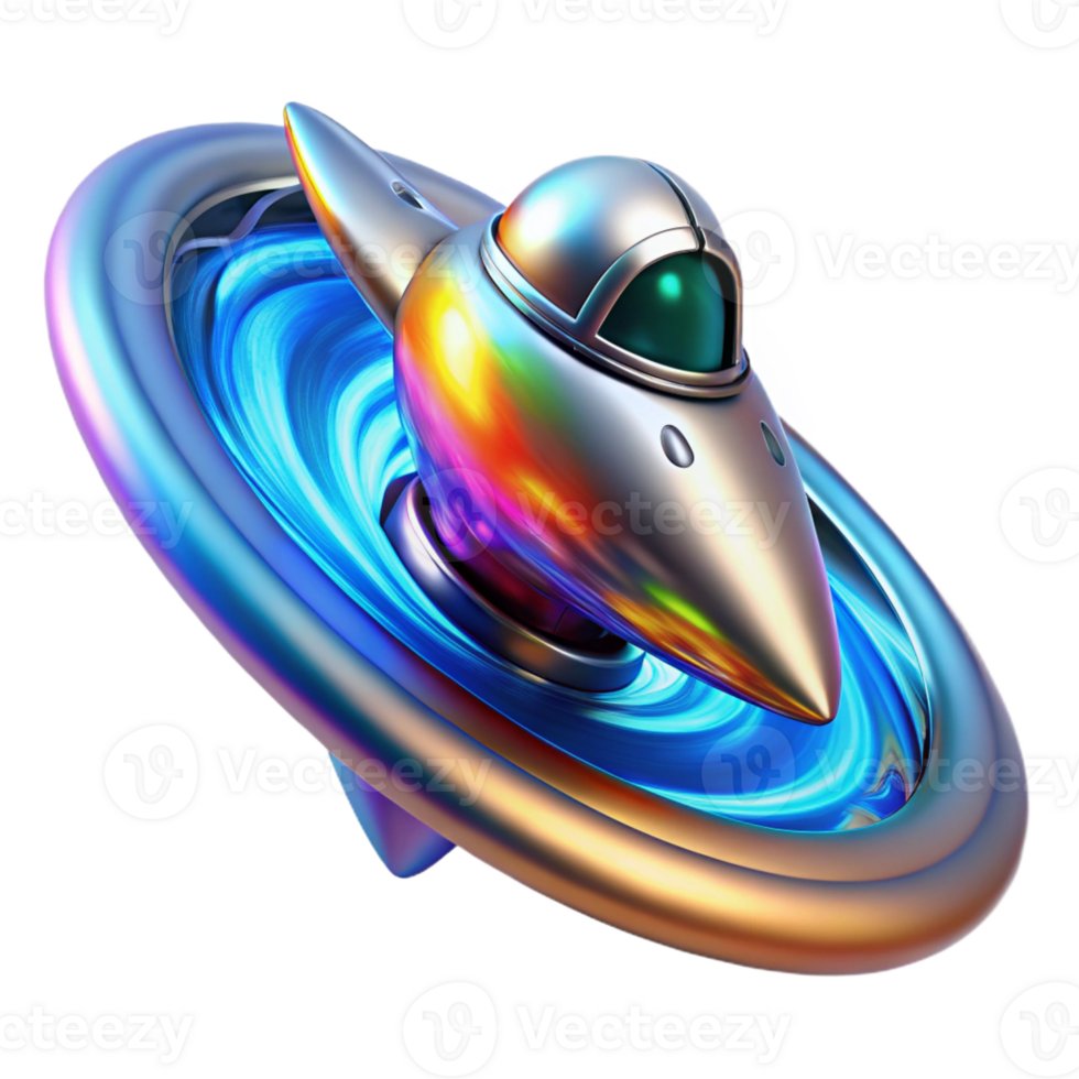 dramatic contemporary A sleek, chrome spaceship, engines burning bright blue, warping through a swirling vortex of iridescent colors. Photorealistic, vibrant style premium png
