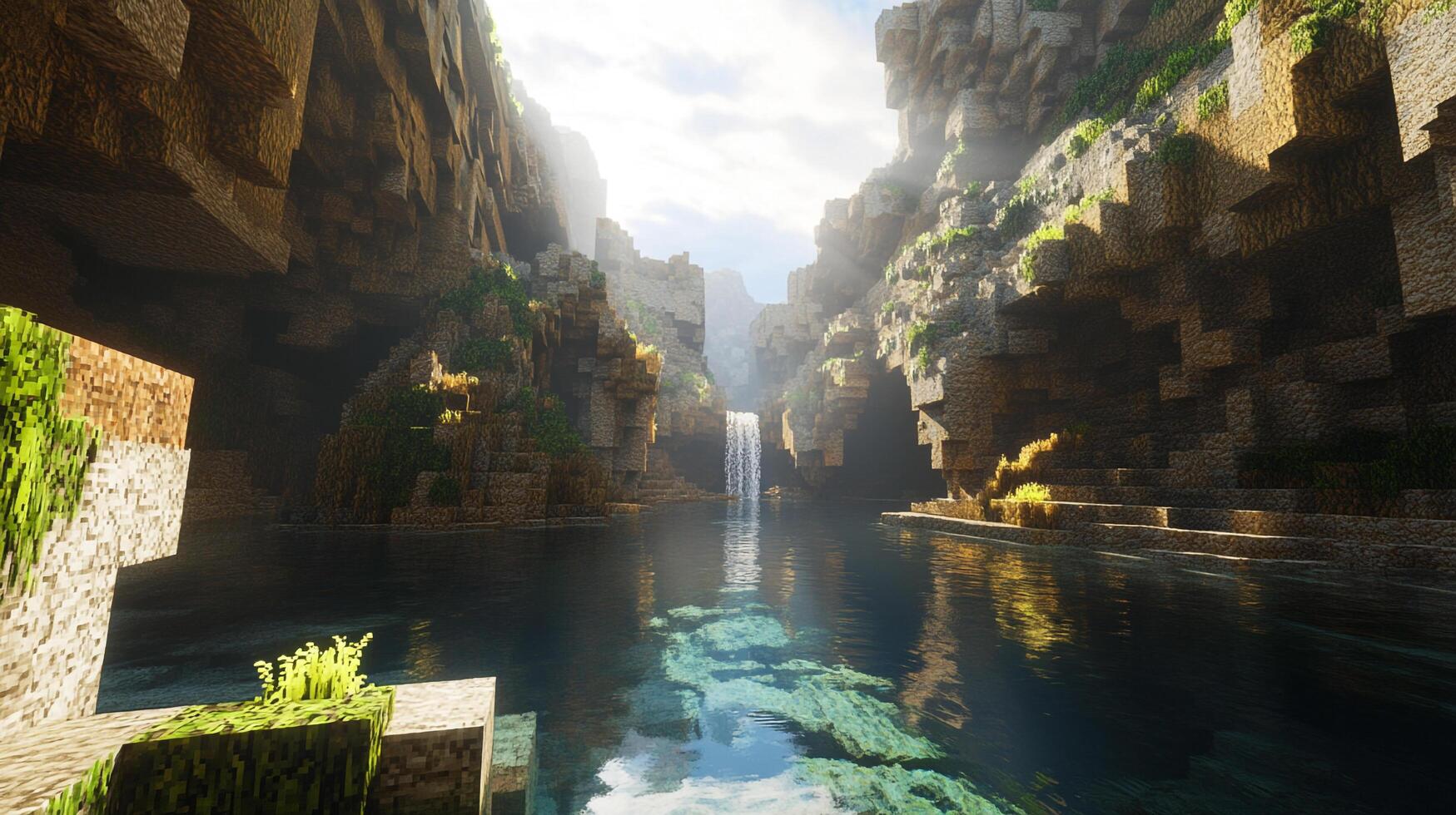 Serene landscape of a stone canyon with a waterfall, plants, and a crystal-clear river, bathed in soft sunlight, creating a tranquil oasis. photo