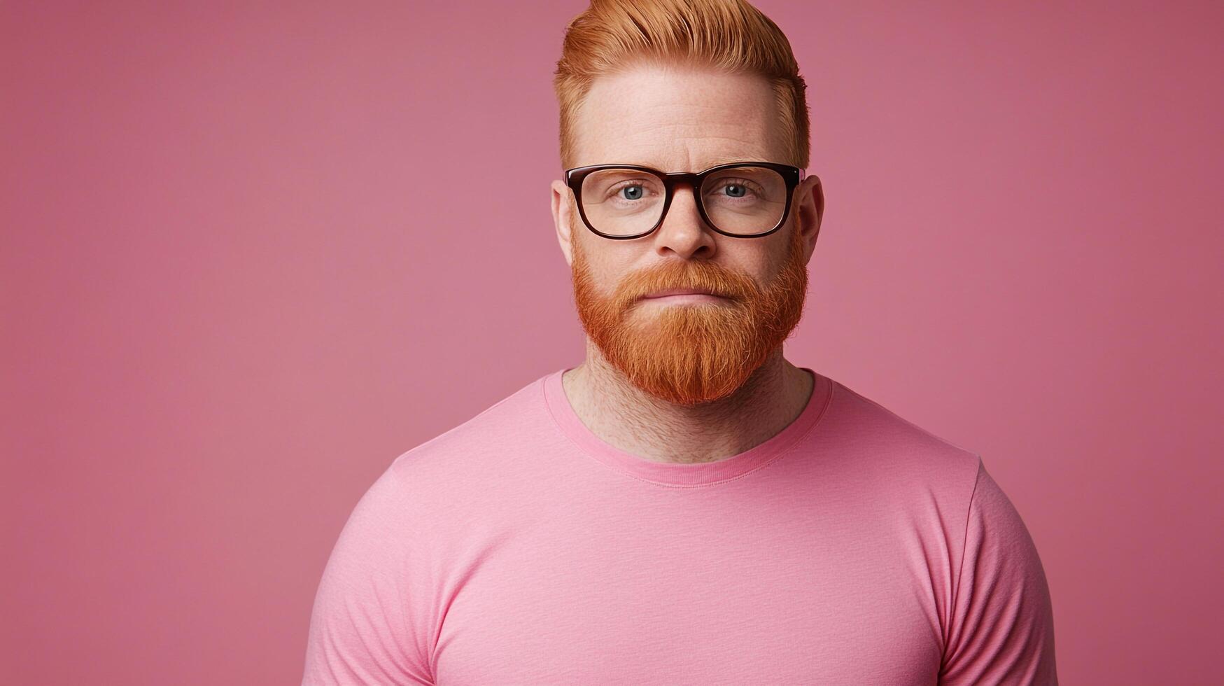 Portrait of a man with red hair, beard and glasses looking directly forward on a pink background, wearing a pink t-shirt. photo