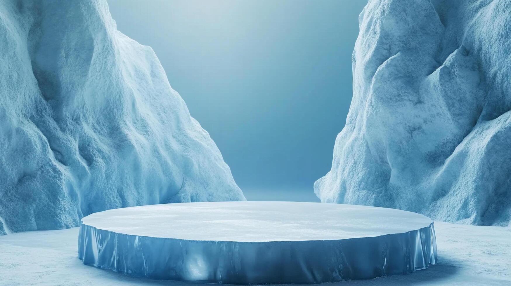 Icy pedestal against a frosty backdrop, ideal for showcasing a product or design in a crisp, cool setting. Perfect presentation stage. photo