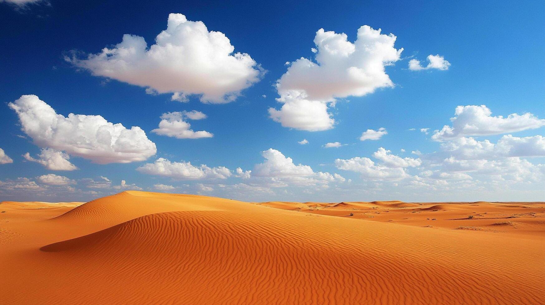 Expansive desert dunes under a vibrant blue sky dotted with fluffy white clouds, evoking a sense of vastness and serenity. photo
