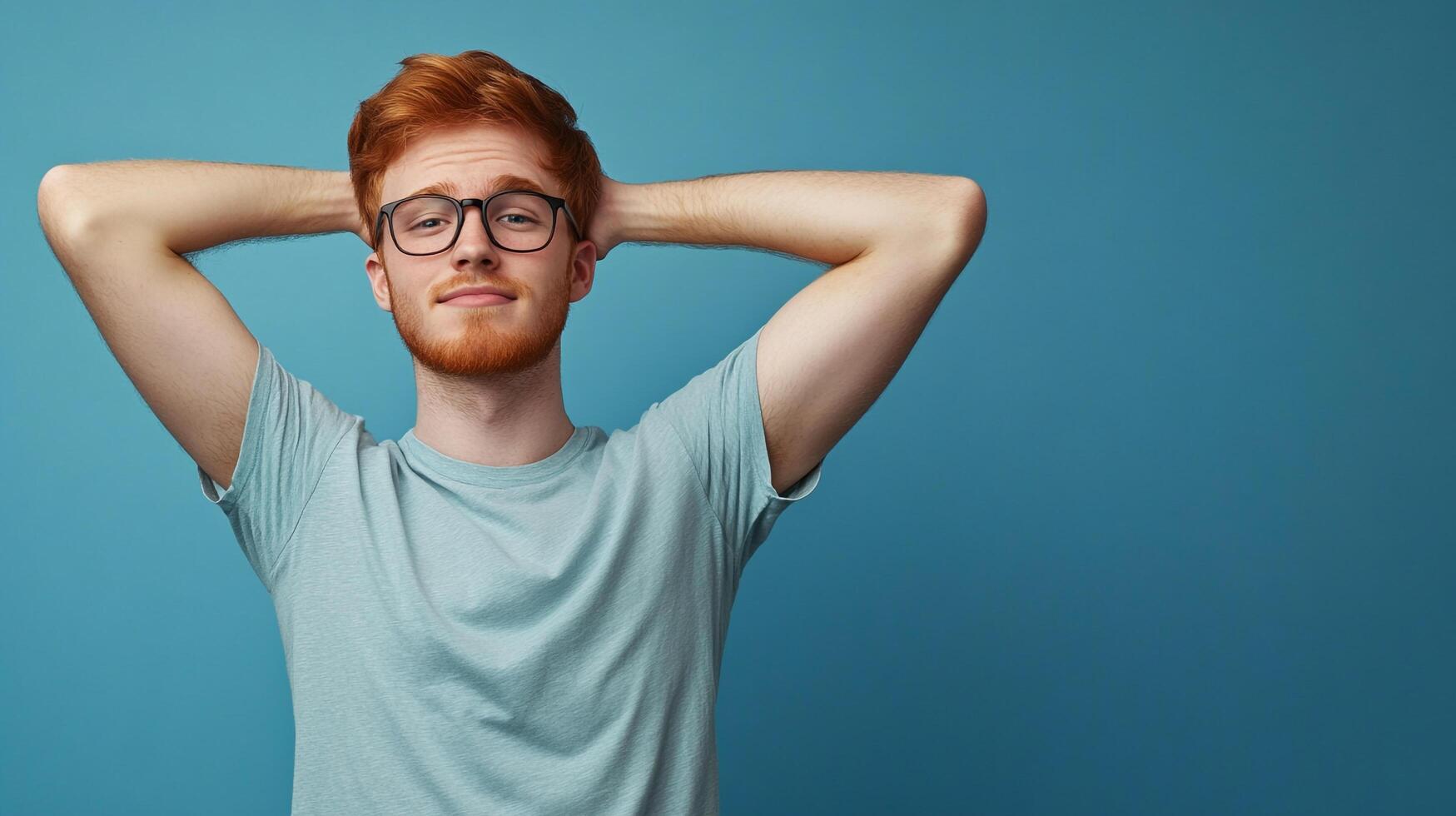 Relaxed redhead man with glasses poses against blue background. A casual, confident portrait with hands behind head. Simple studio shot. photo