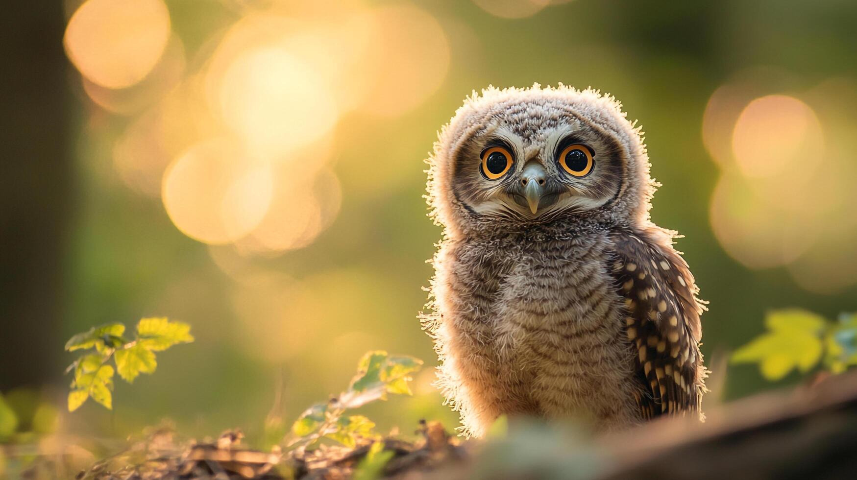 A curious young owl with large eyes, gazing intently in a sunlit forest. The animal is standing on the ground. photo