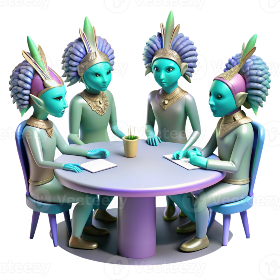 extraordinary traditional A group of alien diplomats, with iridescent skin and intricate, feathered headdresses, gathered around a holographic table. Detailed, realistic style detailed png