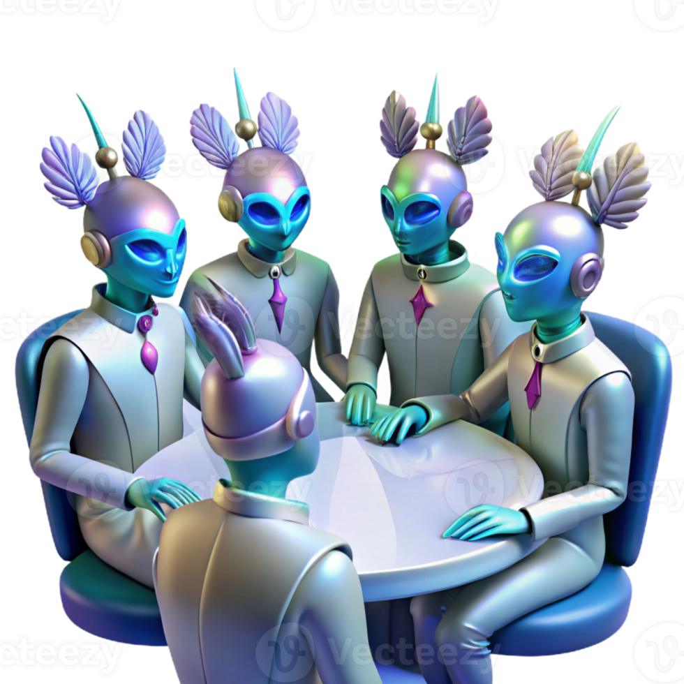 dramatic artistic A group of alien diplomats, with iridescent skin and intricate, feathered headdresses, gathered around a holographic table. Detailed, realistic style detailed png