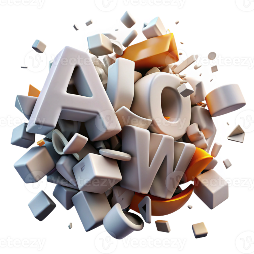 elegant modern A chaotic explosion of fragmented text, representing the flow of information, with a dynamic composition and a futuristic style high quality png