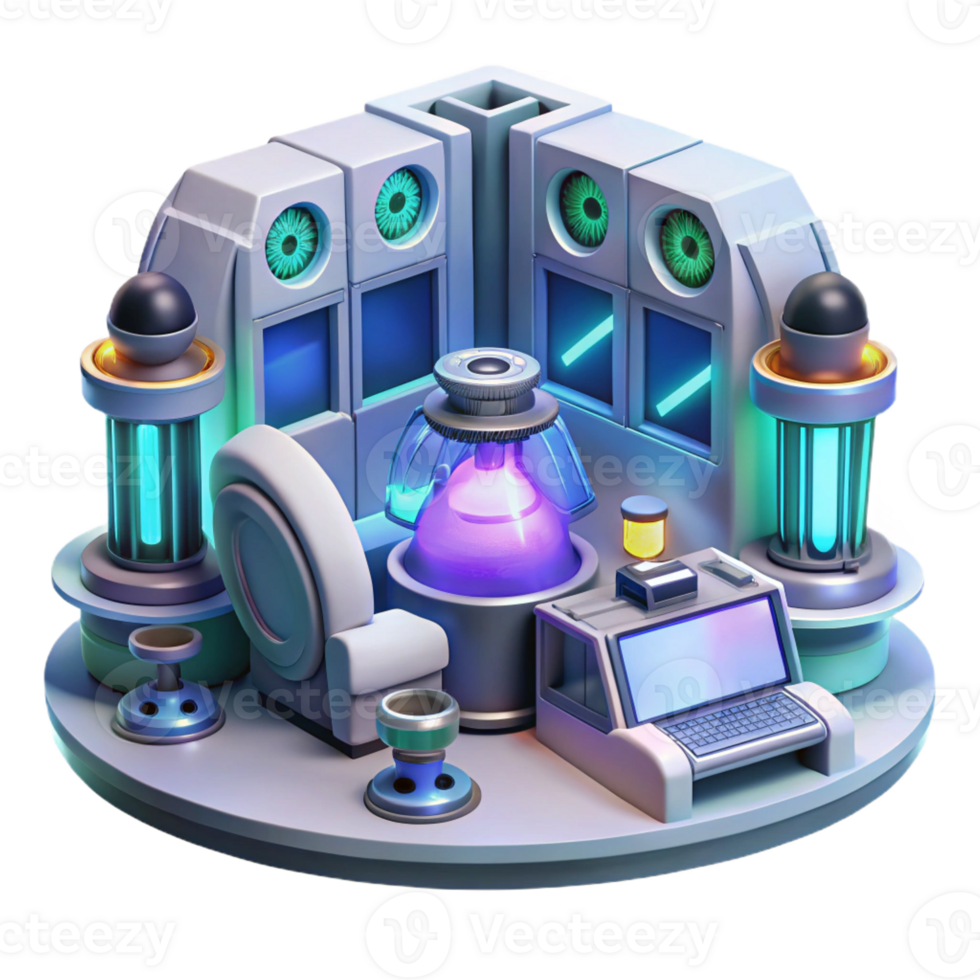 beautiful minimalist A futuristic laboratory, filled with glowing screens and complex machinery, where scientists study a strange, alien artifact. Clean, minimalist style premium png