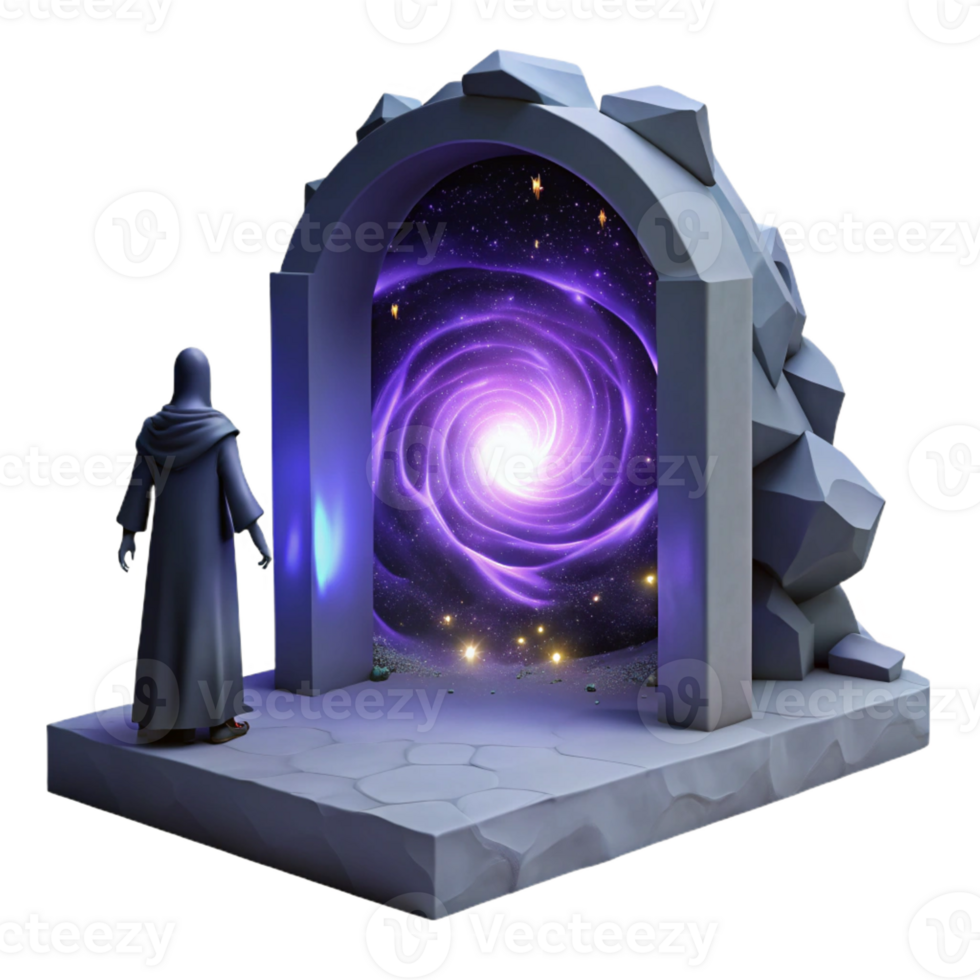 vibrant traditional A lone figure, cloaked in shadows, standing before a giant portal swirling with cosmic energy. Dark, mysterious style detailed png