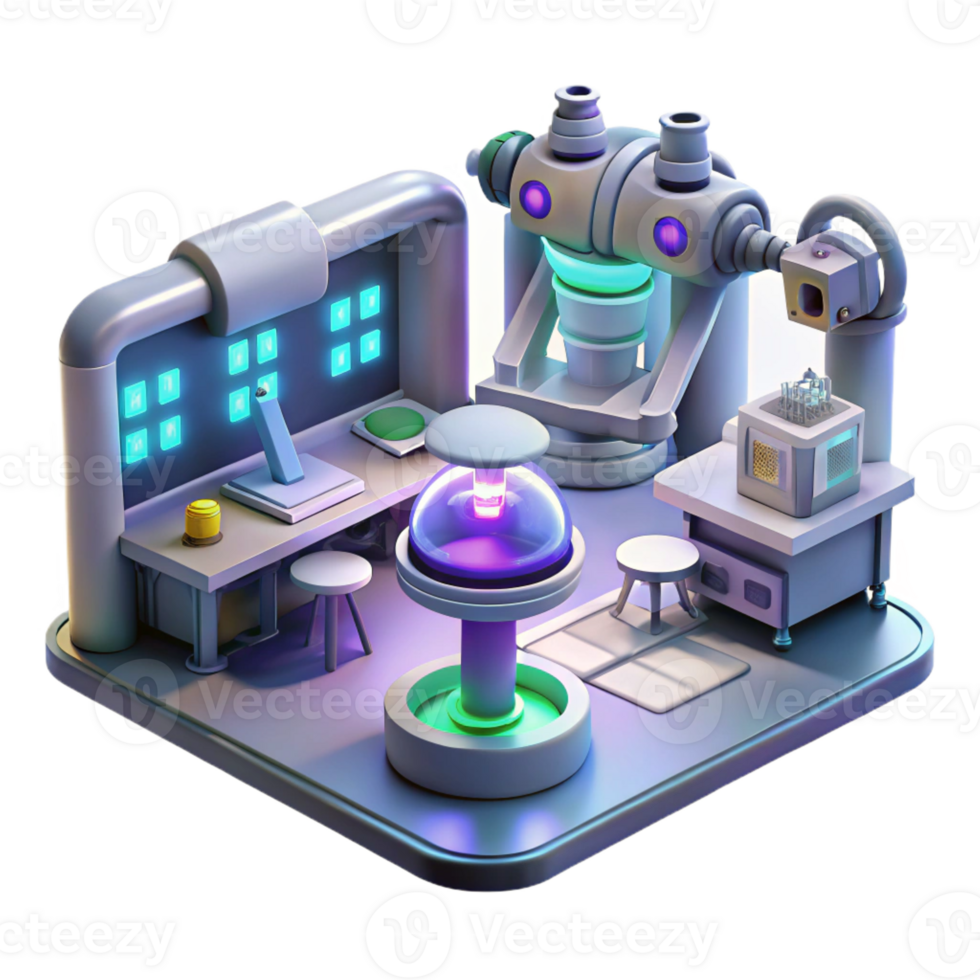 beautiful creative A futuristic laboratory, filled with glowing screens and complex machinery, where scientists study a strange, alien artifact. Clean, minimalist style professional png