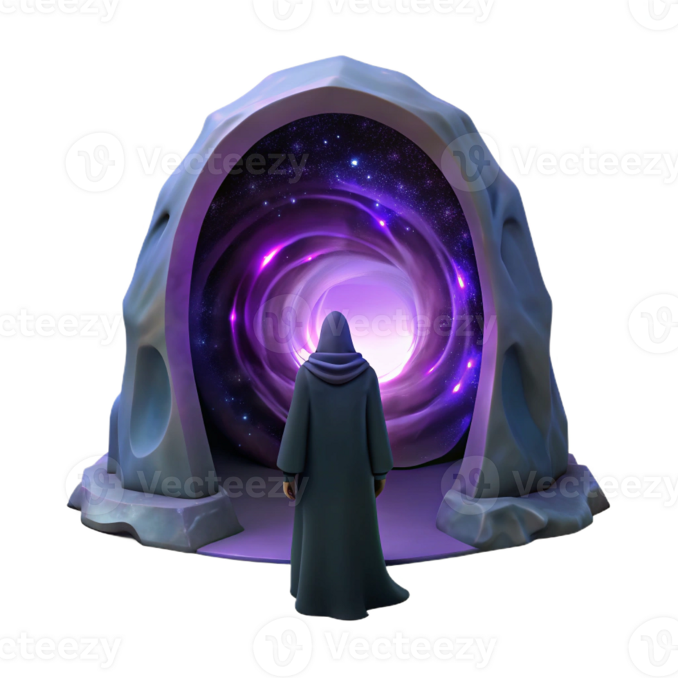 serene minimalist A lone figure, cloaked in shadows, standing before a giant portal swirling with cosmic energy. Dark, mysterious style authentic png