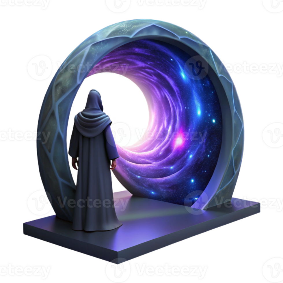 extraordinary artistic A lone figure, cloaked in shadows, standing before a giant portal swirling with cosmic energy. Dark, mysterious style authentic png