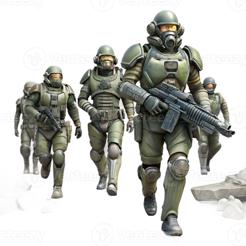 dramatic creative A group of genetically engineered soldiers, wearing advanced power armor, marching through a war-torn city. Gritty, realistic style high resolution png
