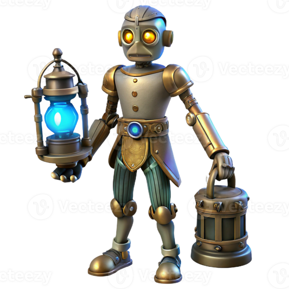 wonderful rustic A lone steampunk cyborg, intricate clockwork limbs, glowing blue eyes, standing in a dusty attic, dimly lit by a single oil lamp high quality png