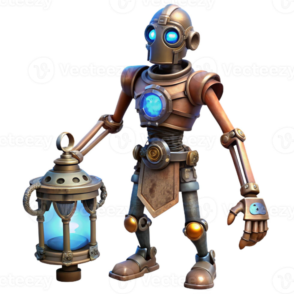 serene minimalist A lone steampunk cyborg, intricate clockwork limbs, glowing blue eyes, standing in a dusty attic, dimly lit by a single oil lamp professional png