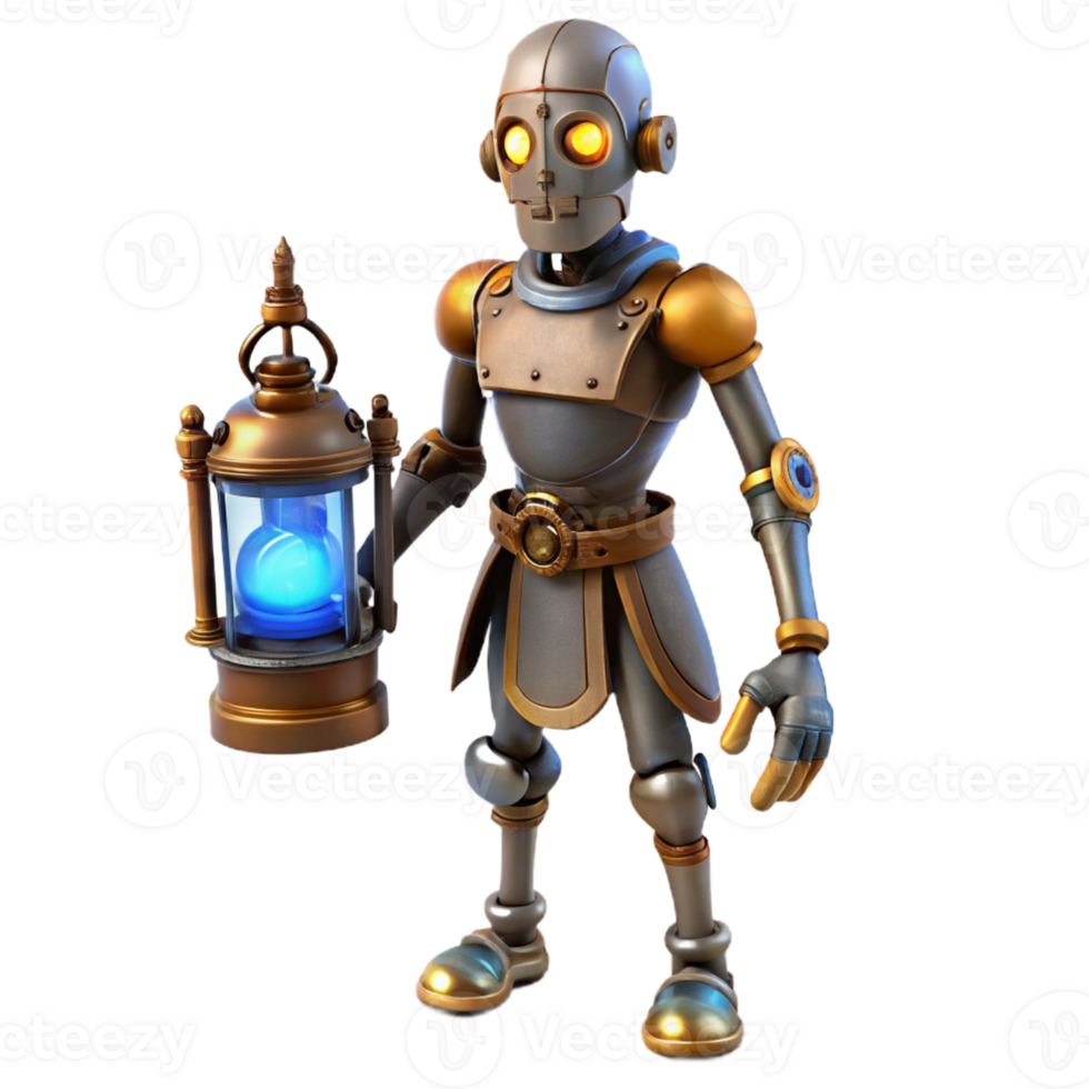 elegant creative A lone steampunk cyborg, intricate clockwork limbs, glowing blue eyes, standing in a dusty attic, dimly lit by a single oil lamp premium png