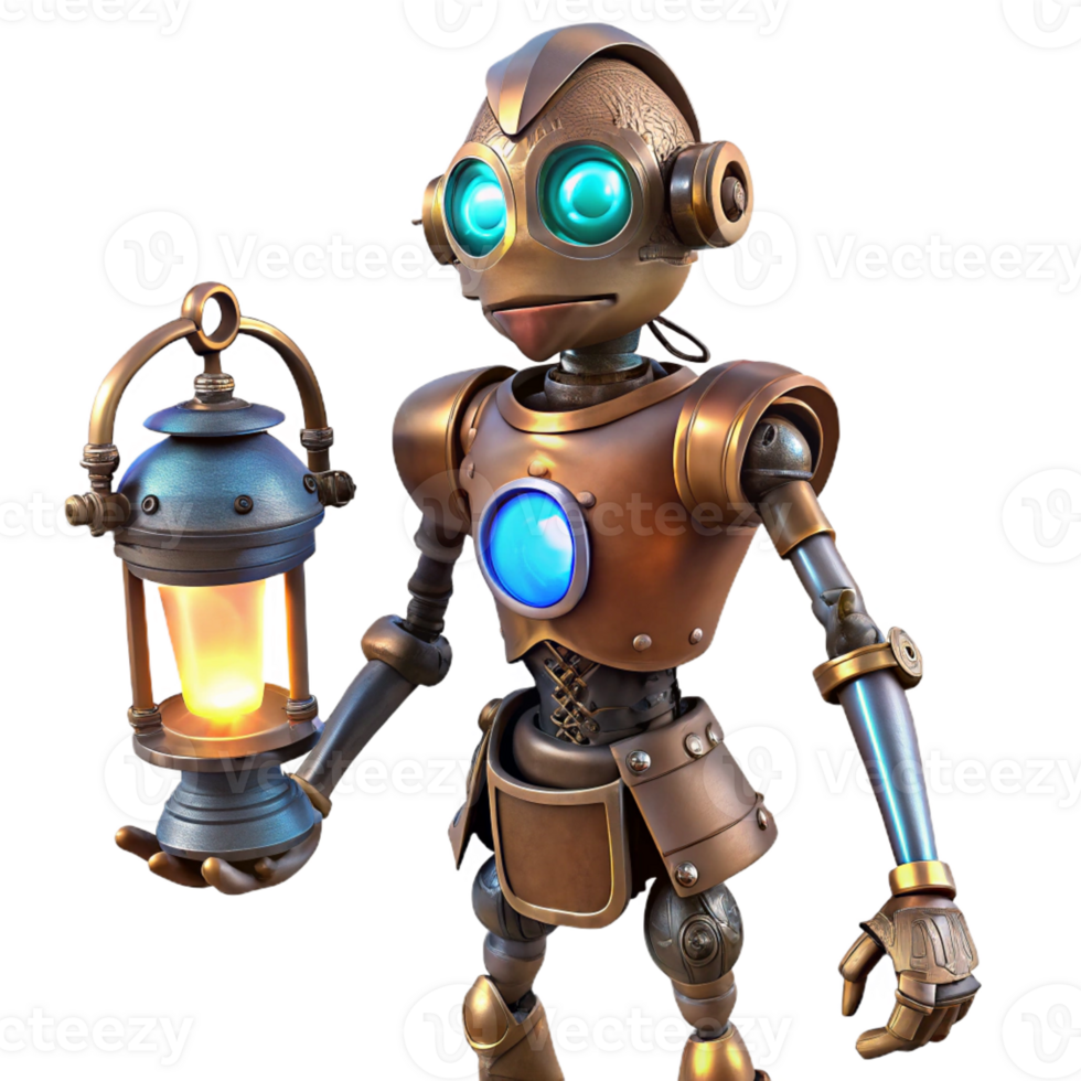 wonderful creative A lone steampunk cyborg, intricate clockwork limbs, glowing blue eyes, standing in a dusty attic, dimly lit by a single oil lamp 4K png