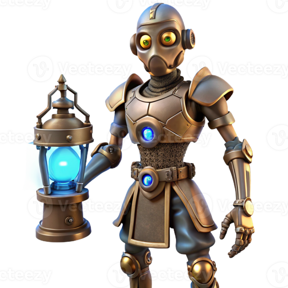 extraordinary creative A lone steampunk cyborg, intricate clockwork limbs, glowing blue eyes, standing in a dusty attic, dimly lit by a single oil lamp professional png