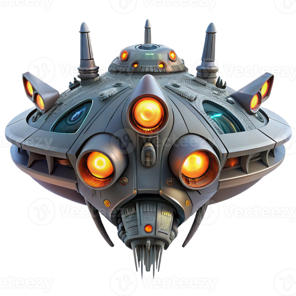 dramatic rustic A massive, sentient spaceship, with glowing eyes and intricate, organic designs, traversing the cosmos. Surreal, biomechanical style premium png