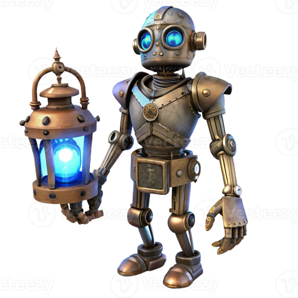 impressive rustic A lone steampunk cyborg, intricate clockwork limbs, glowing blue eyes, standing in a dusty attic, dimly lit by a single oil lamp detailed png