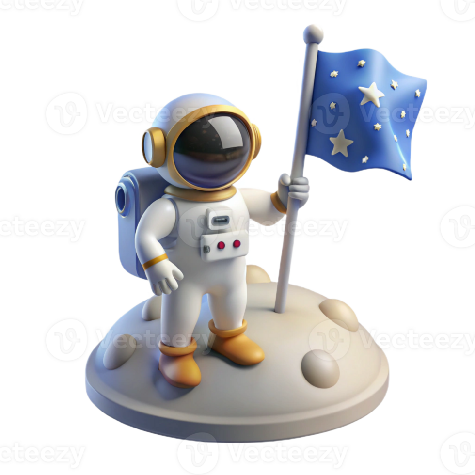 stunning vintage A lone astronaut, planting a flag on the surface of a newly discovered planet, illuminated by the bright light of a nearby star. Photorealistic, optimistic style premium png