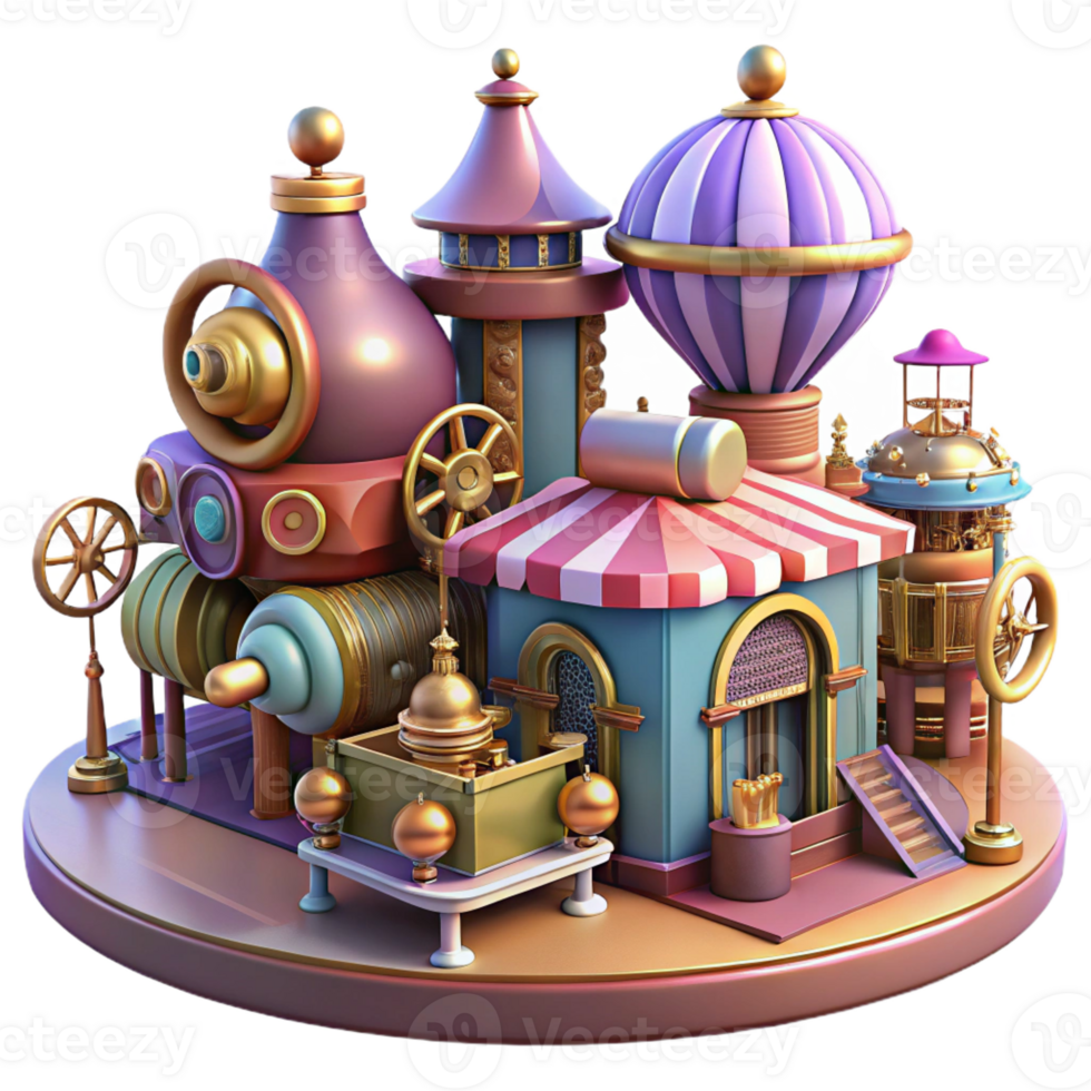 serene rustic A bustling steampunk marketplace, filled with bizarre contraptions and eccentric characters, vibrant colors, dynamic lighting, art deco style high resolution png