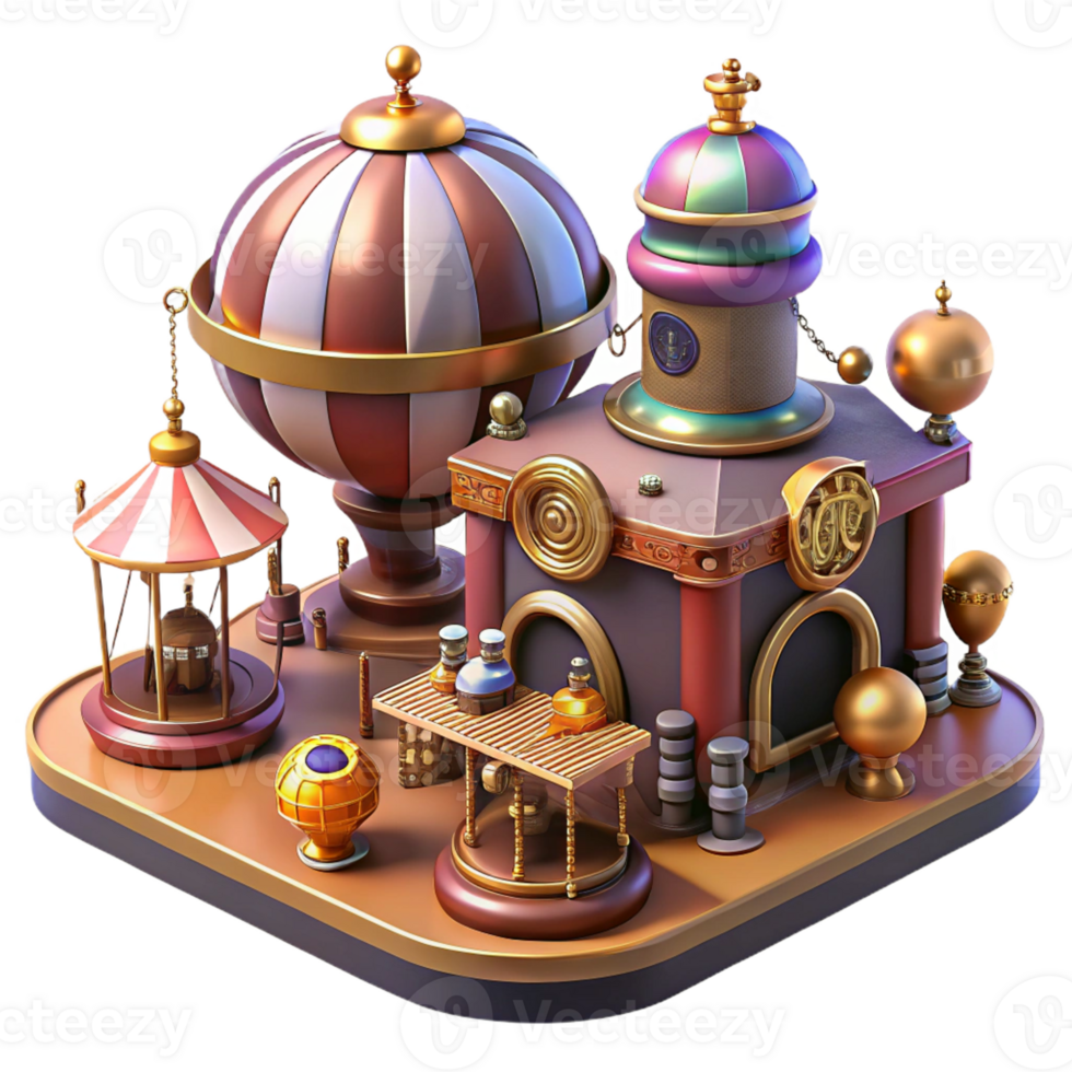 dramatic artistic A bustling steampunk marketplace, filled with bizarre contraptions and eccentric characters, vibrant colors, dynamic lighting, art deco style authentic png