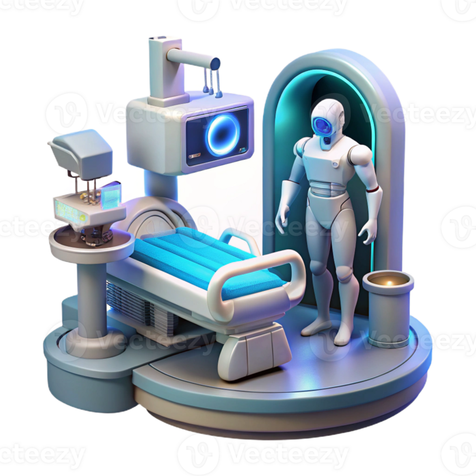 beautiful modern A futuristic hospital, filled with holographic displays and advanced medical equipment, where a patient undergoes a cybernetic surgery. Clean, sterile style exclusive png