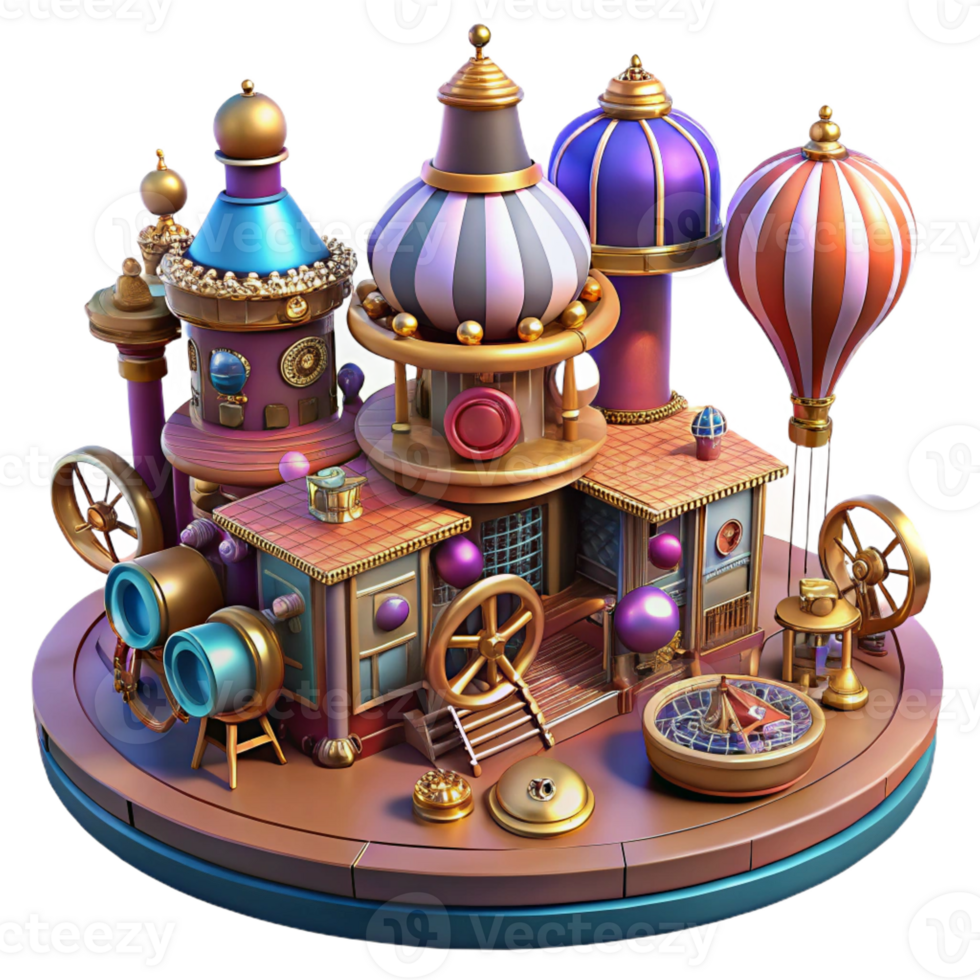 wonderful creative A bustling steampunk marketplace, filled with bizarre contraptions and eccentric characters, vibrant colors, dynamic lighting, art deco style premium png