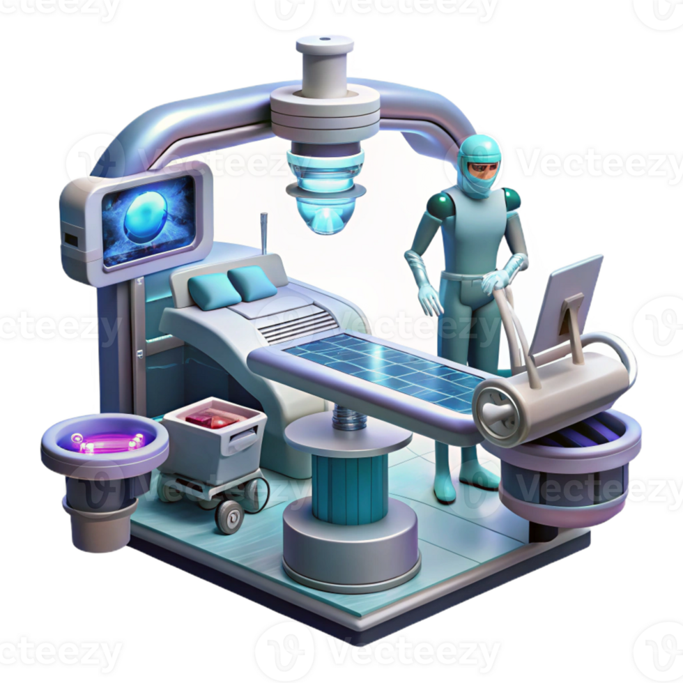 dramatic abstract A futuristic hospital, filled with holographic displays and advanced medical equipment, where a patient undergoes a cybernetic surgery. Clean, sterile style premium png