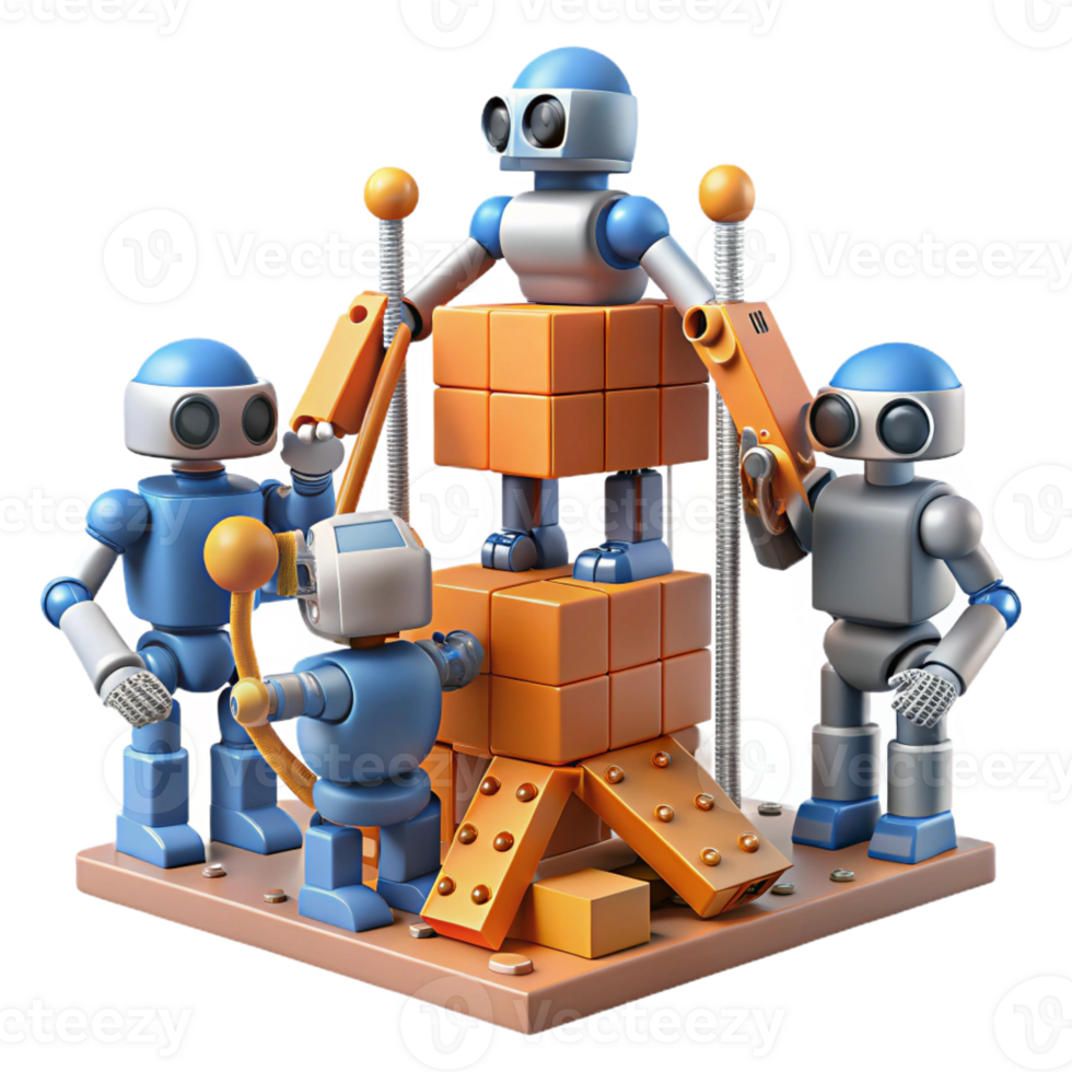 wonderful minimalist A group of robots, working together to build a massive structure on a desolate, alien planet. Industrial, realistic style premium png
