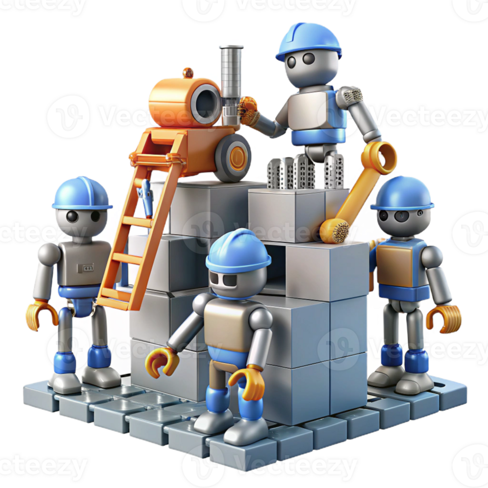 impressive vintage A group of robots, working together to build a massive structure on a desolate, alien planet. Industrial, realistic style detailed png