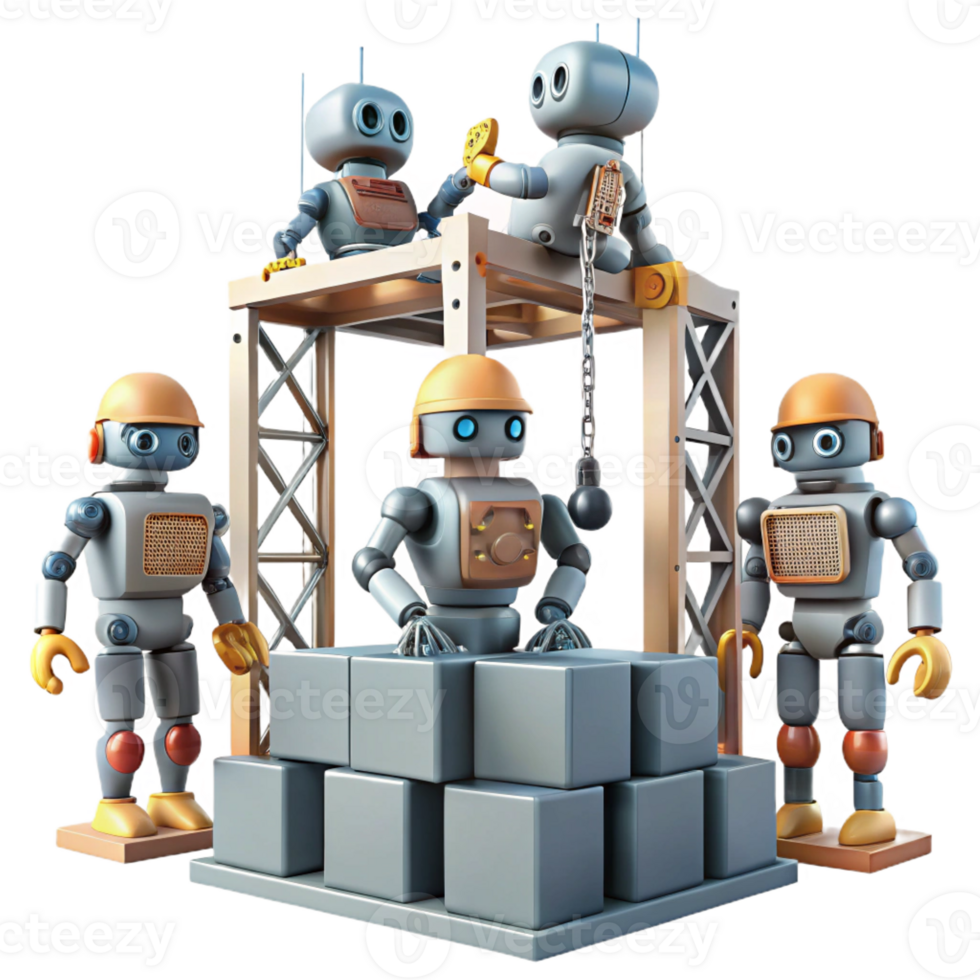 magnificent creative A group of robots, working together to build a massive structure on a desolate, alien planet. Industrial, realistic style exclusive png