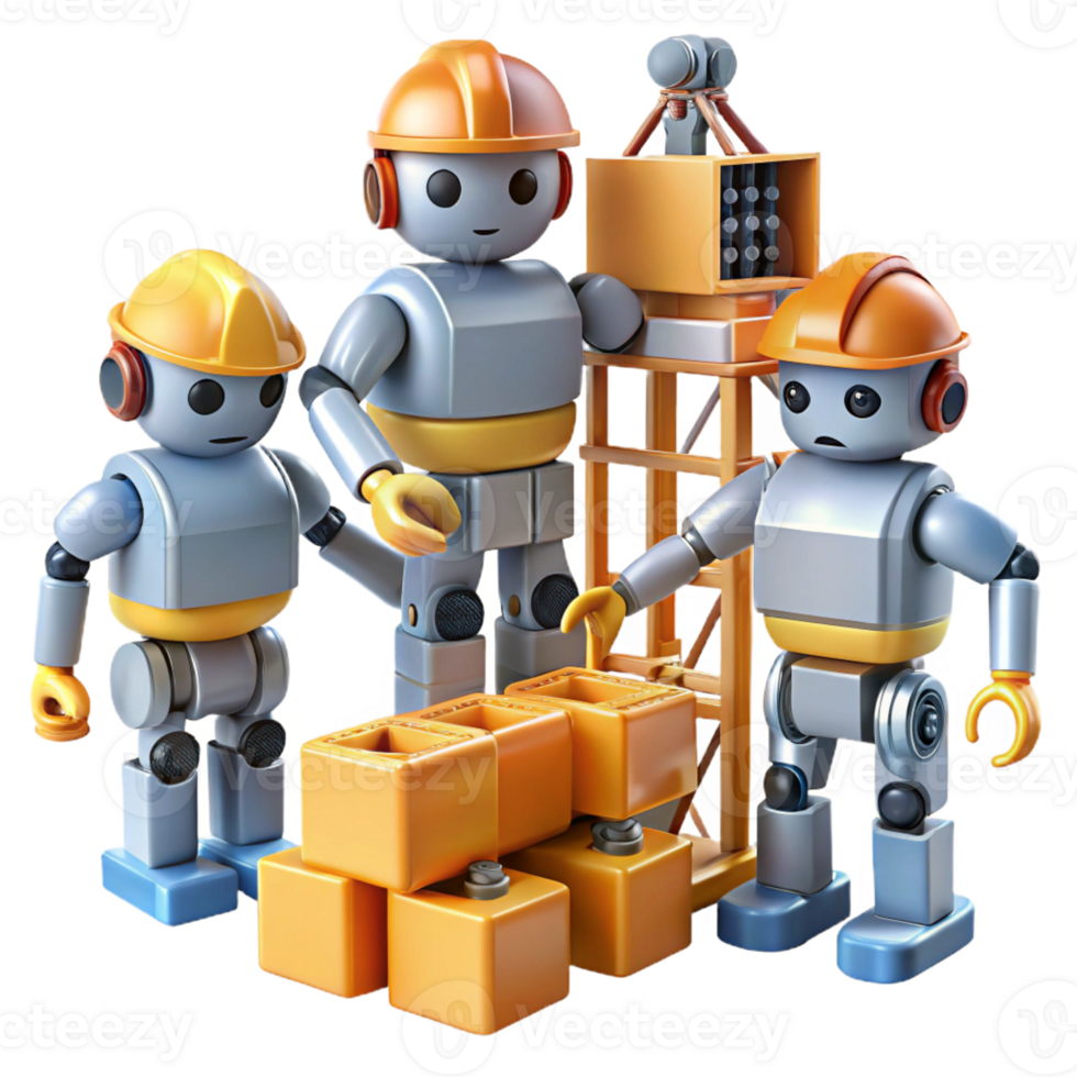 extraordinary traditional A group of robots, working together to build a massive structure on a desolate, alien planet. Industrial, realistic style detailed png